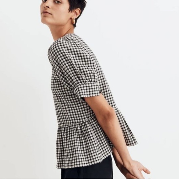 NWOT Madewell Brushed Gauze Puff Sleeve Peplum Top in Gingham Check Size Small - Picture 3 of 6